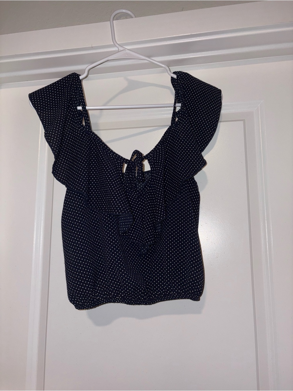 Surf Gypsy Navy Polka Dot Ruffle Tie-Front Blouse